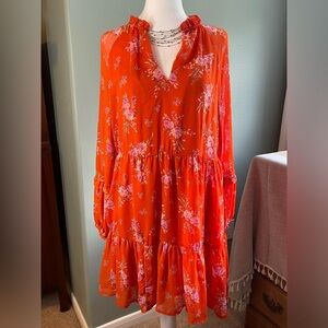 Vince Camuto Orange Floral Tiered Long Sleeve Cottage Prairie/Boho Dress Size S